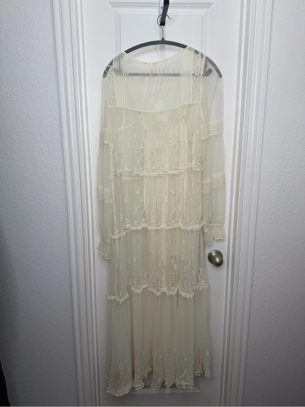 Free People Stevie Embroidered Sheer Mesh Maxi Dress Size Small Ivory